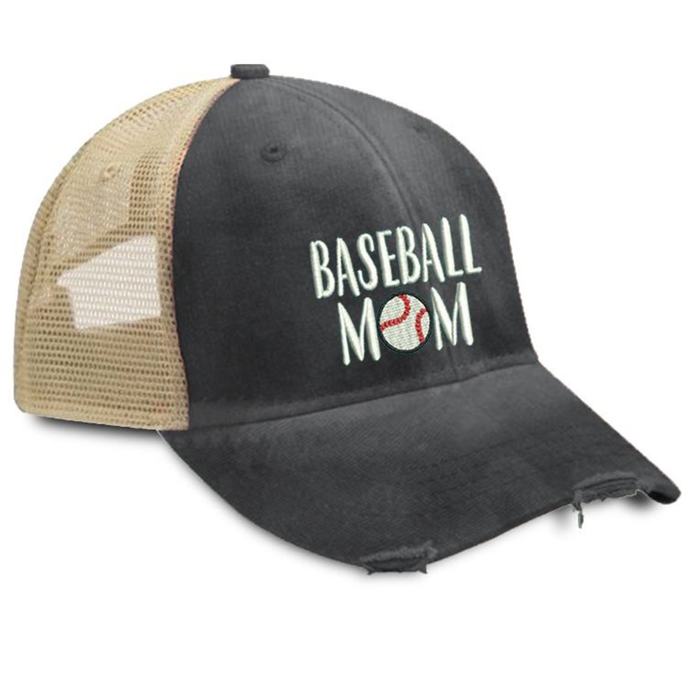 Baseball Mom Distressed Trucker Hat - Black/Tan